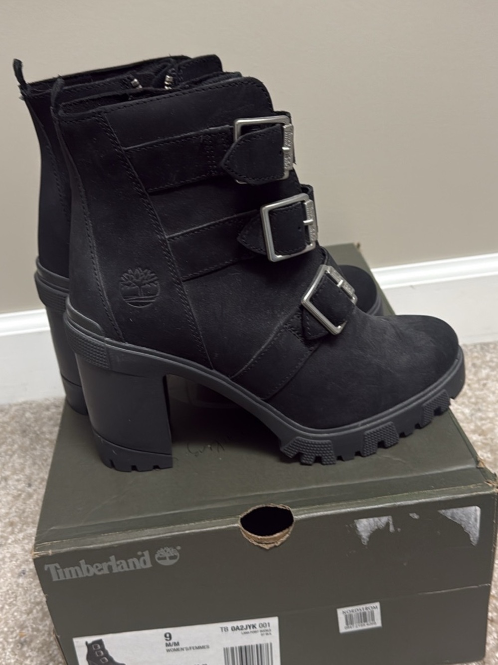 Timberland Black Buckle Strap Heeled Ankle Boots